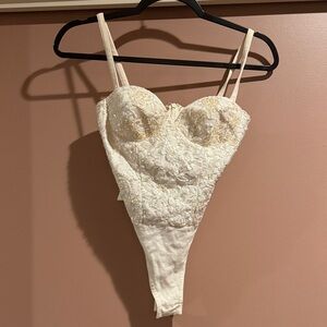 Elegant Cream Beaded Lace Bodysuit